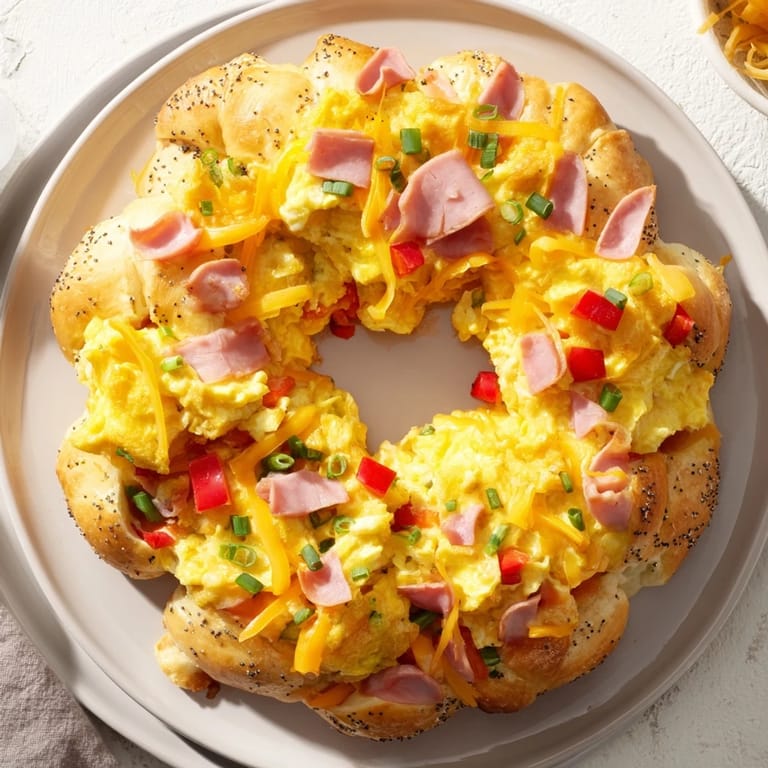 Imagine a warm Wreath-Shaped Egg and Ham Bake, the perfect festive shareable breakfast, ready to eat.