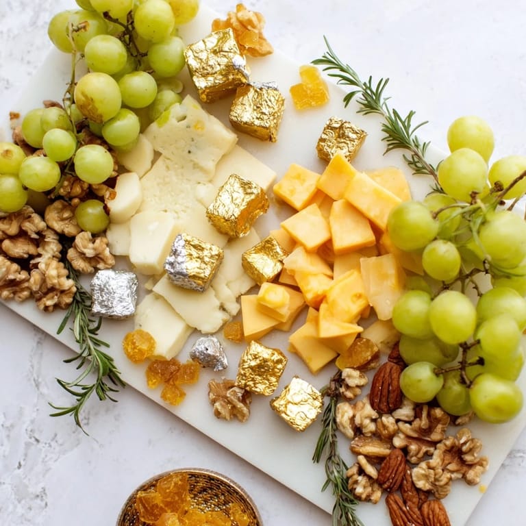 New Year's Eve Gold and Silver Cheese Cube Board, featuring Gouda, Manchego, and creamy goat cheese.