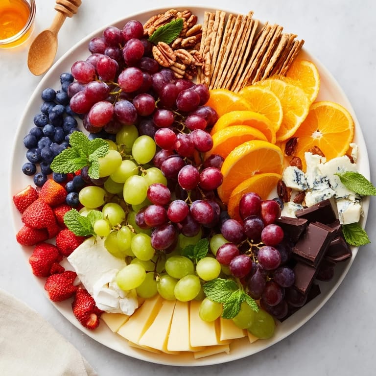 Vibrant arrangement of a Grapes of Fortune dessert board with fresh grapes, chocolate squares, and crackers.