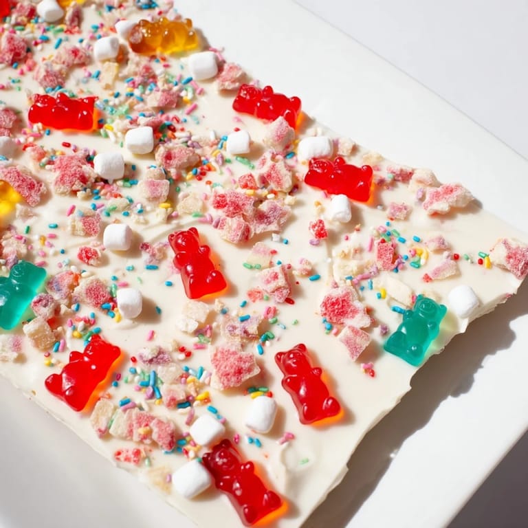 Bright photo: Festive gummy bears mixed with candy canes on set chocolate, ready to break and serve.