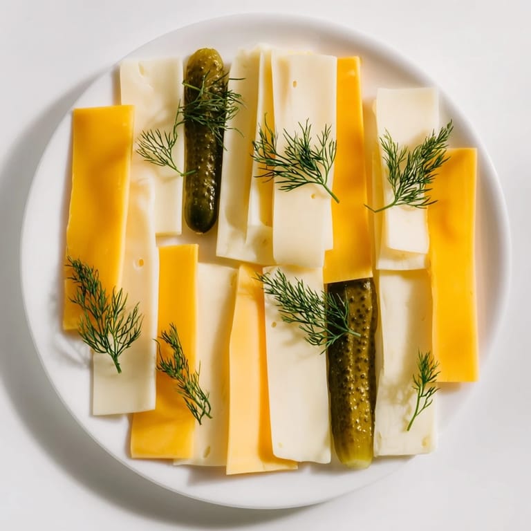 Vibrant photo of a Dill Pickles and Sliced Cheese appetizer, ready to serve with fresh dill garnish.