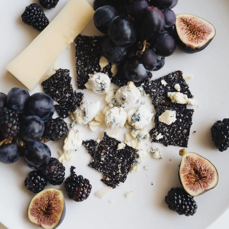 A stunning Deep Indigo Midnight Sky cheese board, visually mimicking a starry night with dark fruits and cheeses.