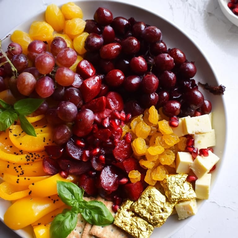 Artfully arranged Crimson & Gold Gala appetizer displaying a delicious mix of sweet and savory elements on a platter.