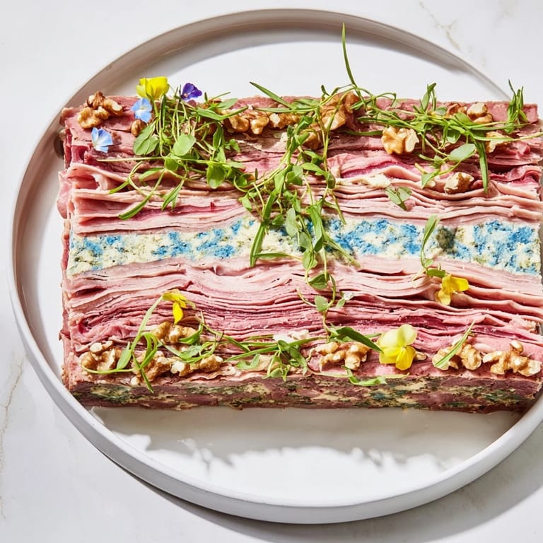 A close-up shot of The Grand Canyon Rim reveals the beautiful cliff-like layers of meat and creamy blue filling.