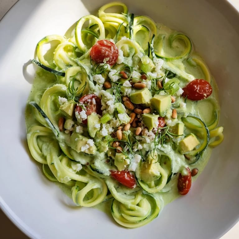 A close-up of creamy, flavorful Green Goddess Zoodle Pasta, garnished with fresh herbs and toasted nuts.