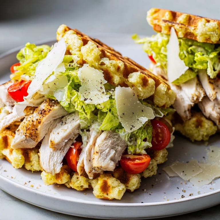 A close-up of a golden Chicken Caesar Waffle Sandwich, a unique handheld lunch option.