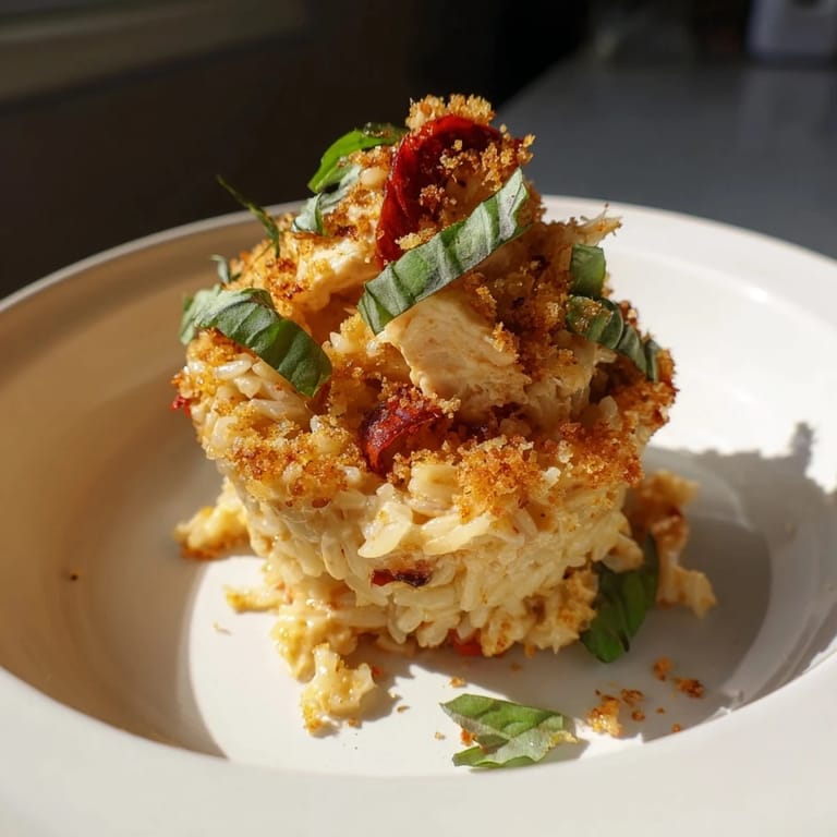 A close-up of baked Marry Me Chicken Sushi Bake Cups, featuring creamy orzo and shredded chicken.