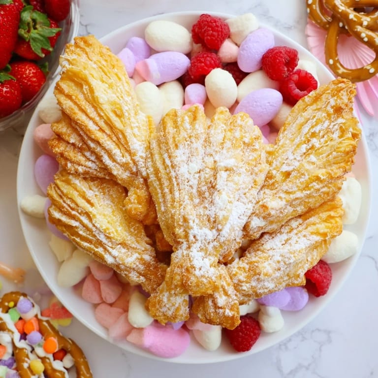 Dusty powdered sugar coats these crispy Polish angel wings, surrounded by vibrant candies and fresh fruit.