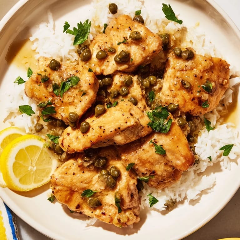 A steaming bowl of Express Chicken Piccata Rice Bowl, with glistening chicken and capers atop white rice.