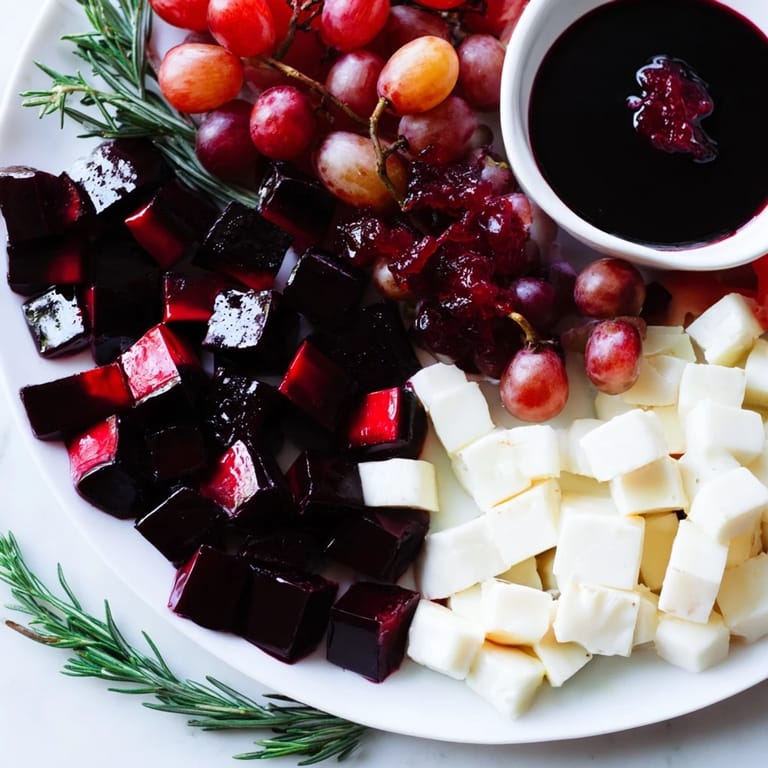 Close-up of a vibrant Ruby Red Wine Stain Board, featuring cheeses and charcuterie with a dark red hue.