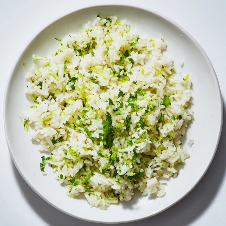 A serving of warm Cilantro Lime Rice, offering a zesty freshness from lime juice, perfect side for dinner.
