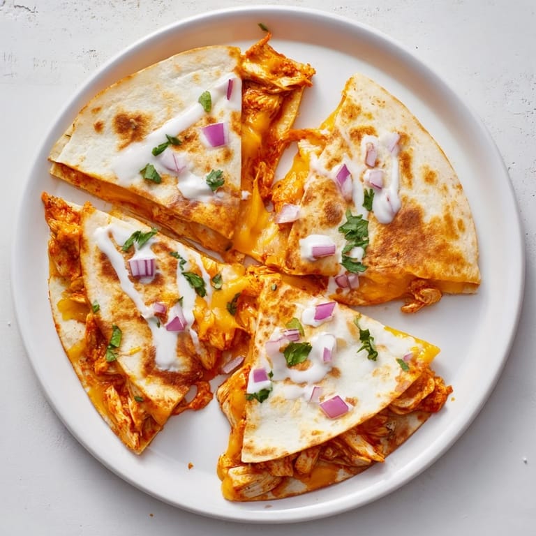 Mouthwatering image: a cheesy Buffalo Chicken Quesadilla being cut into wedges, ready to enjoy.
