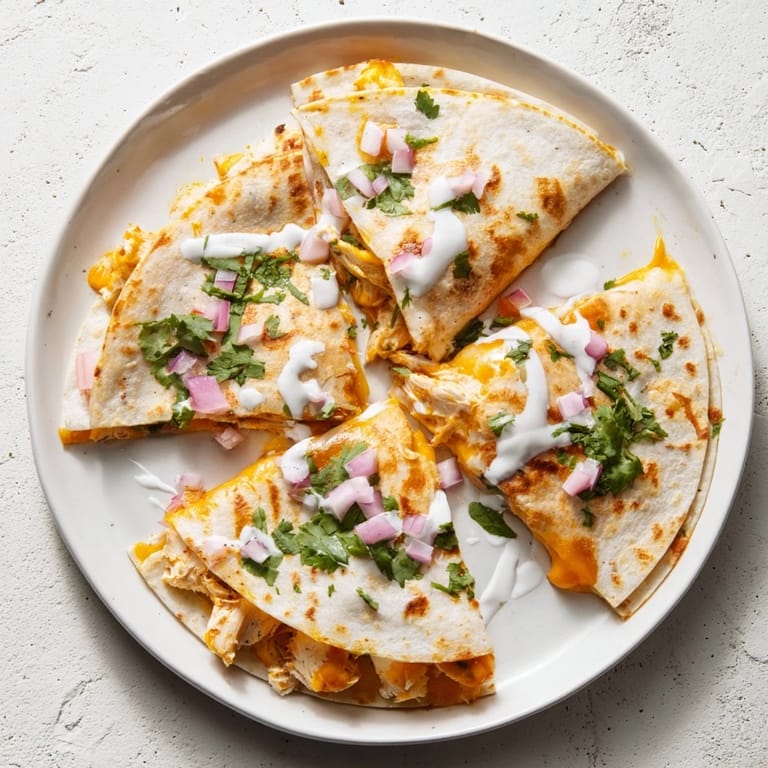 Crispy edges and a creamy interior: a delicious, homemade Buffalo Chicken Quesadilla served with dressing.
