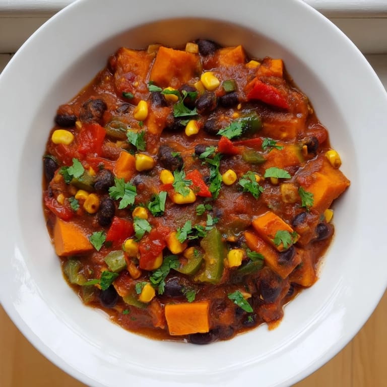Enjoy a comforting bowl of spicy and flavorful Smoky Sweet Potato Chili on a chilly evening.