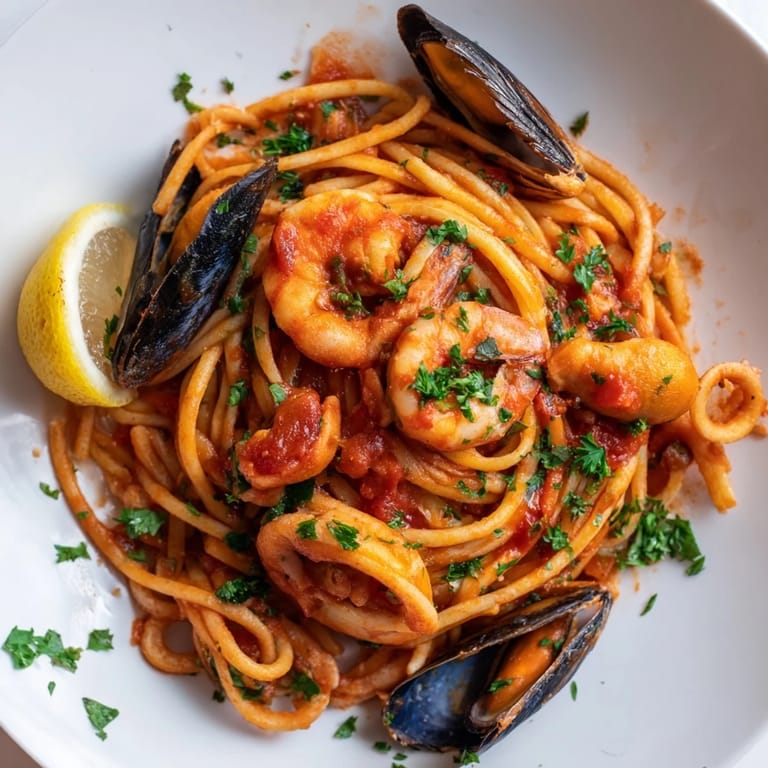 Beautiful Seafood Marinara Pasta, featuring tender seafood in a rich, vibrant tomato sauce.