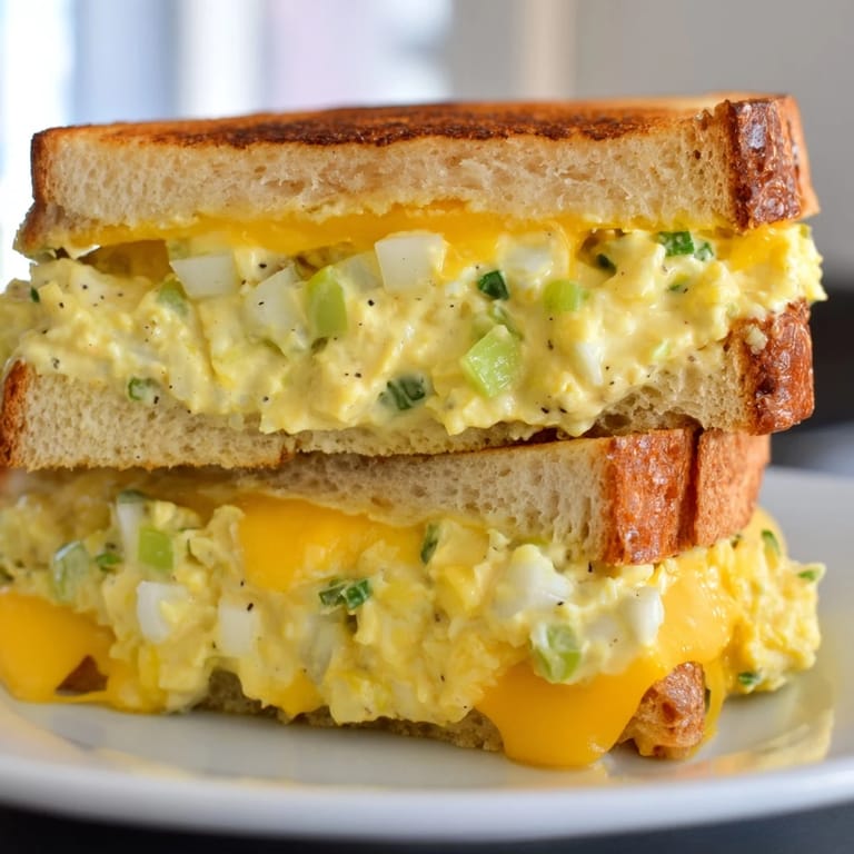 A delectable close-up shows the warm, gooey cheese and egg salad in the Egg Salad Grilled Cheese.