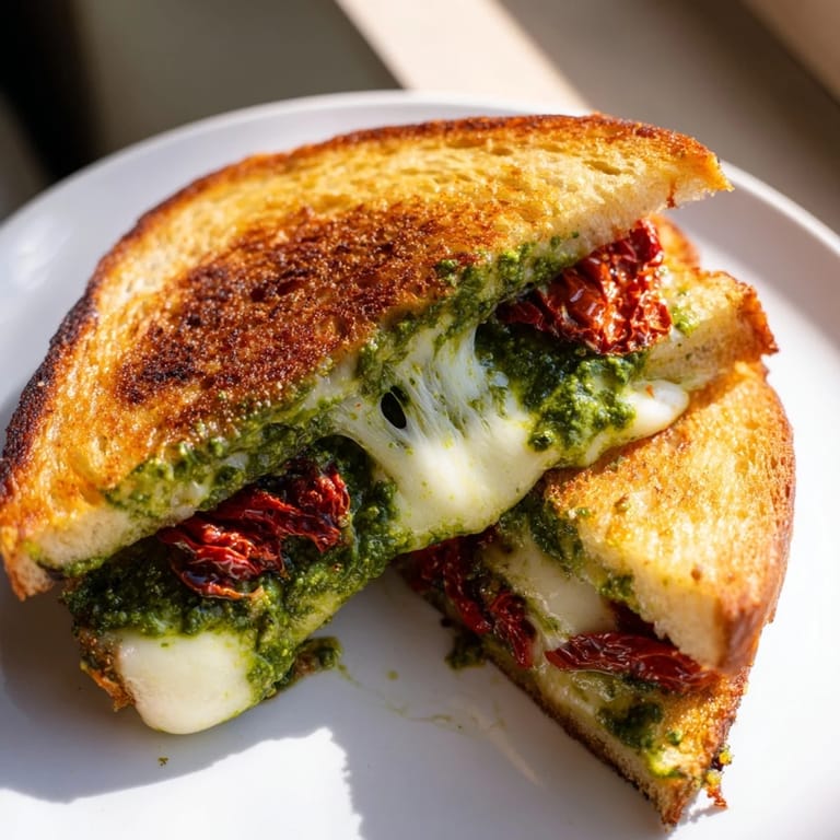 A close-up of a richly flavored, oozing pesto grilled cheese sandwich, ready to enjoy.