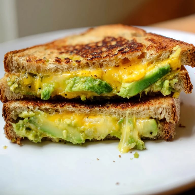 Perfectly grilled Avocado Toast Grilled Cheese, showcasing layers of creamy avocado and golden, toasted cheese sandwiches.