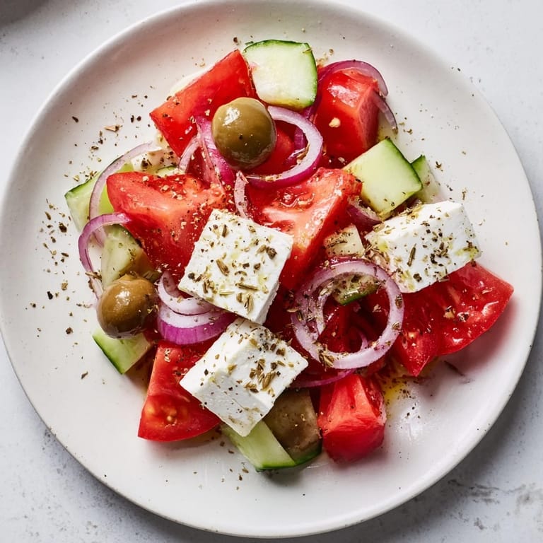 Delicious, refreshing Mediterranean salad—a perfect vegetarian dish ready for summer.