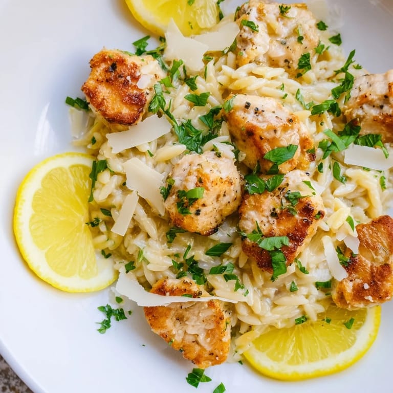 Bright and zesty, a bowl of Creamy Lemon Chicken Orzo with lemon slices calls.