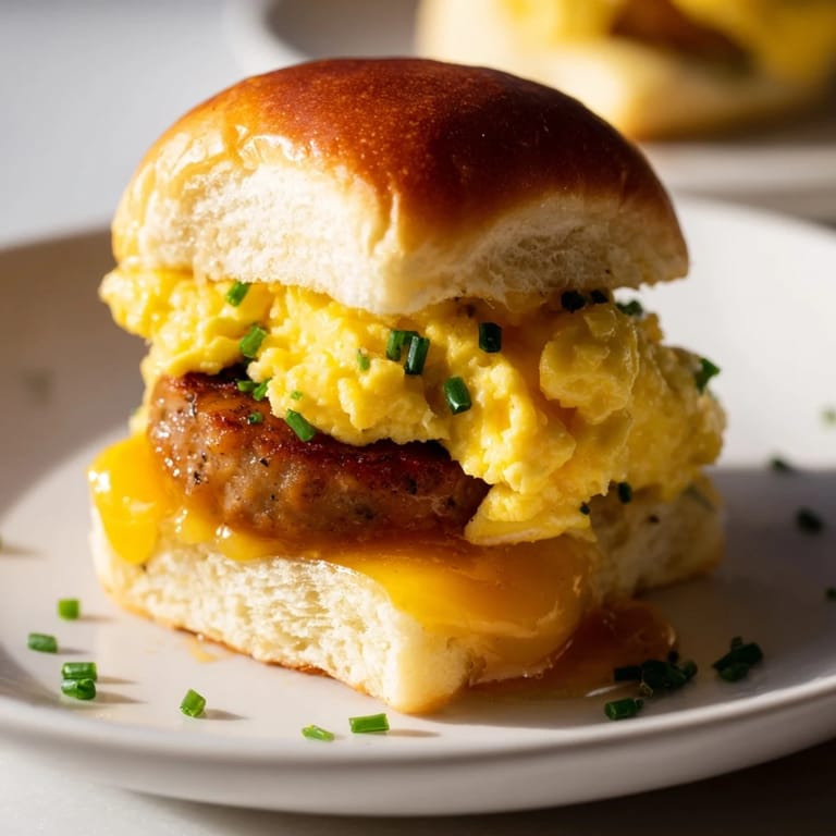 Savory breakfast spread: Mini Breakfast Sliders with perfectly cooked sausage and toasted slider buns.