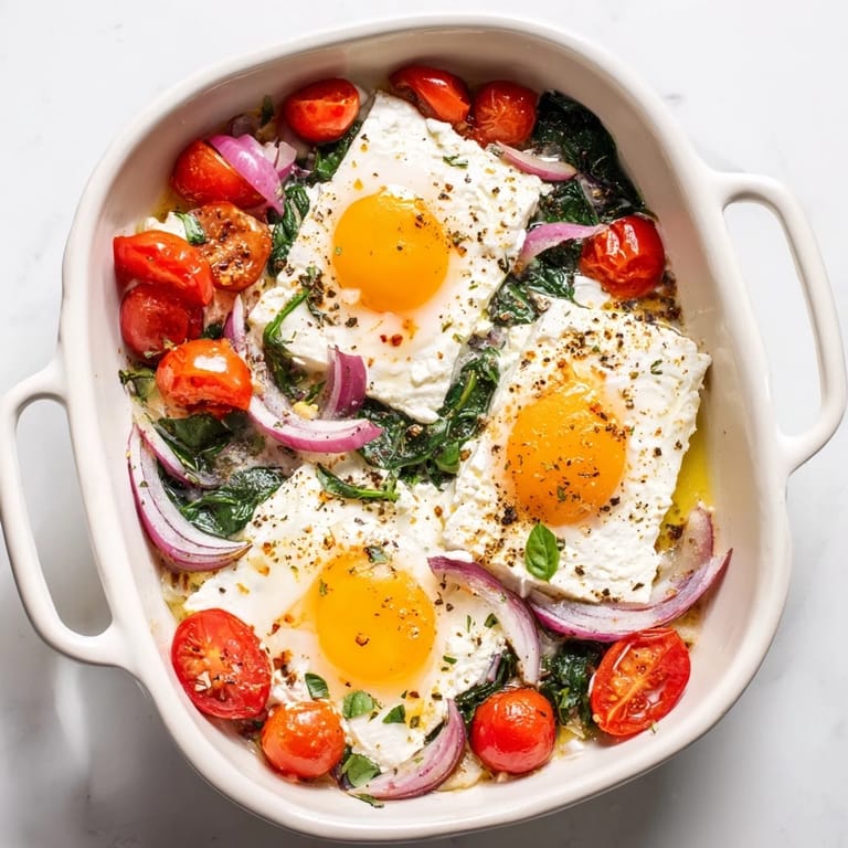 Creamy Baked Feta Eggs with runny yolks, a Mediterranean delight, garnished with fresh herbs.