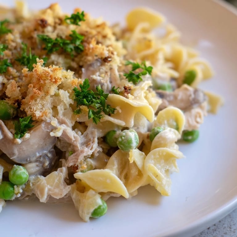Creamy Tuna Noodle Casserole 2.0 with mushrooms and peas, baked to perfection in a casserole dish.