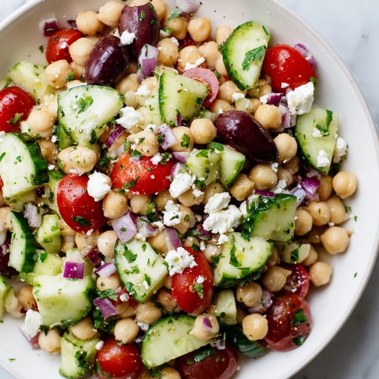 This delicious Mediterranean Chickpea Salad features tender chickpeas, crunchy vegetables, and a flavorful olive oil dressing.