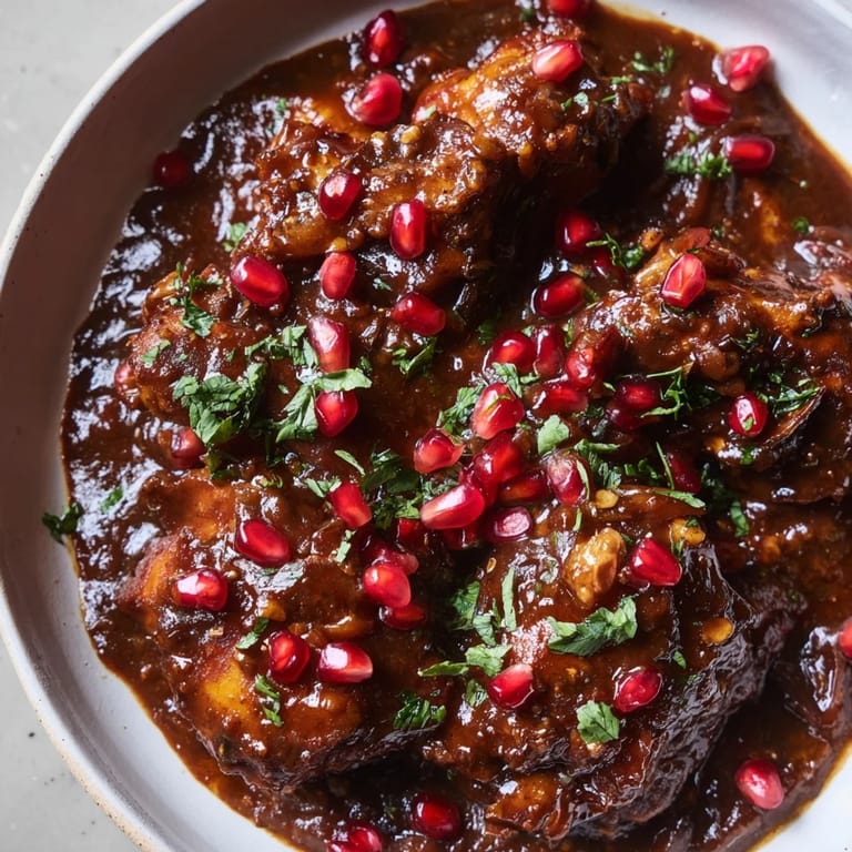 Tender chicken simmering in a dark, tangy pomegranate sauce: a flavorful Iranian Fesenjan stew.