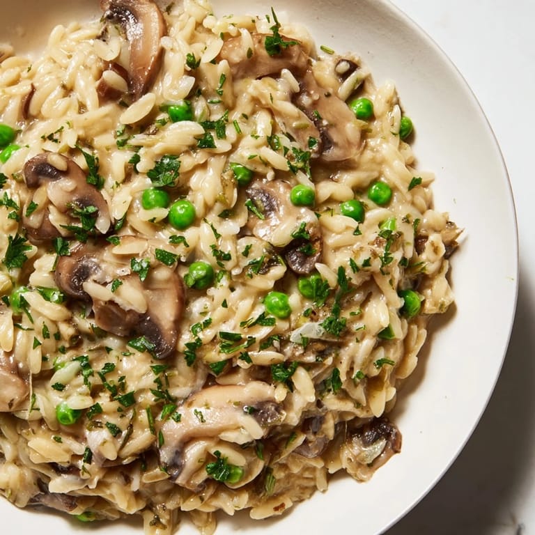 A close-up shot of the flavorful orzo mushroom risotto-style, showcasing the creamy texture and rich broth.