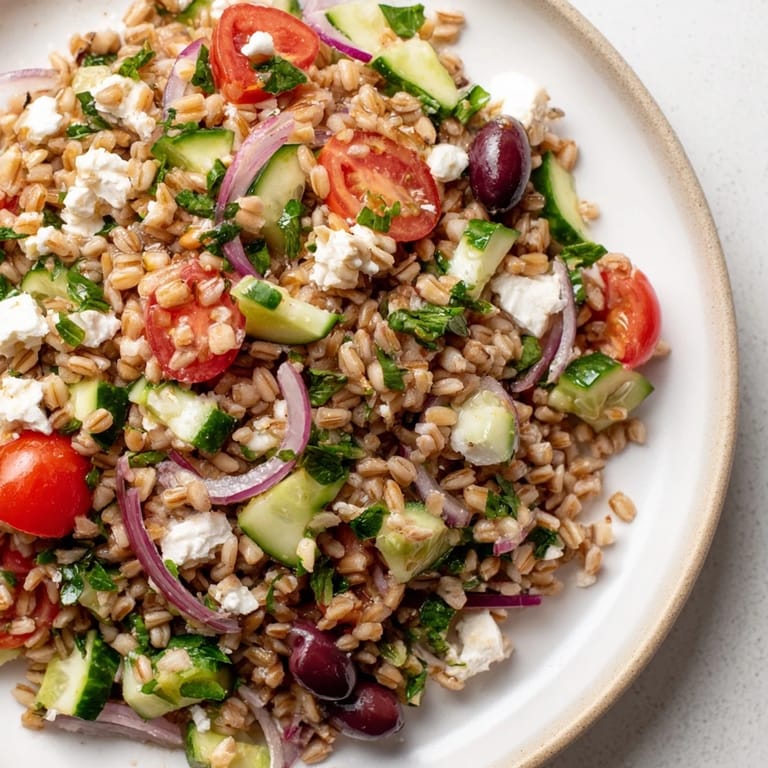 Close-up of a refreshing Farro Salad Mediterranean, perfect for a summer lunch or picnic meal.