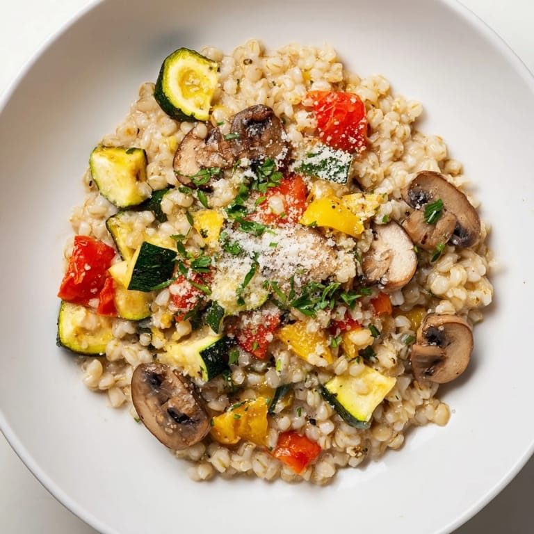 Savory pearled barley bowl with tender barley, veggies, and a creamy, comforting texture.