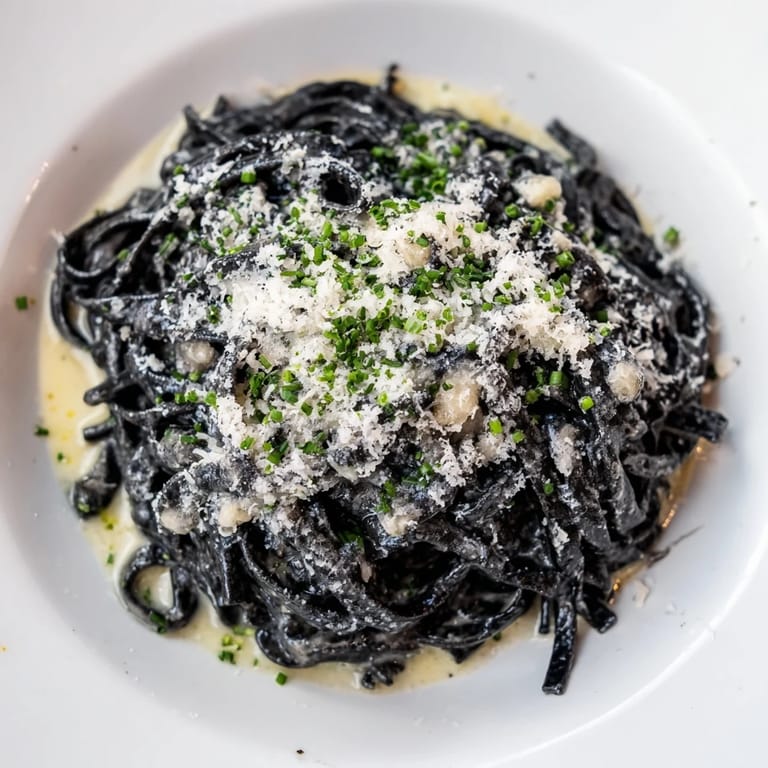 A close-up view of dark, flavorful Squid Ink Pasta tossed in a luscious, creamy sauce.