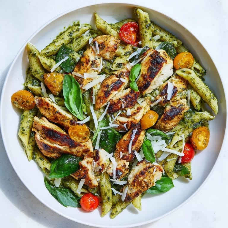 A close-up of pesto chicken pasta showcases perfectly cooked pasta and tender chicken.