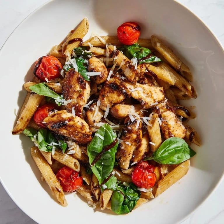 Hearty Balsamic Glazed Chicken Pasta tossed with spinach and coated in a rich, glossy reduction.  