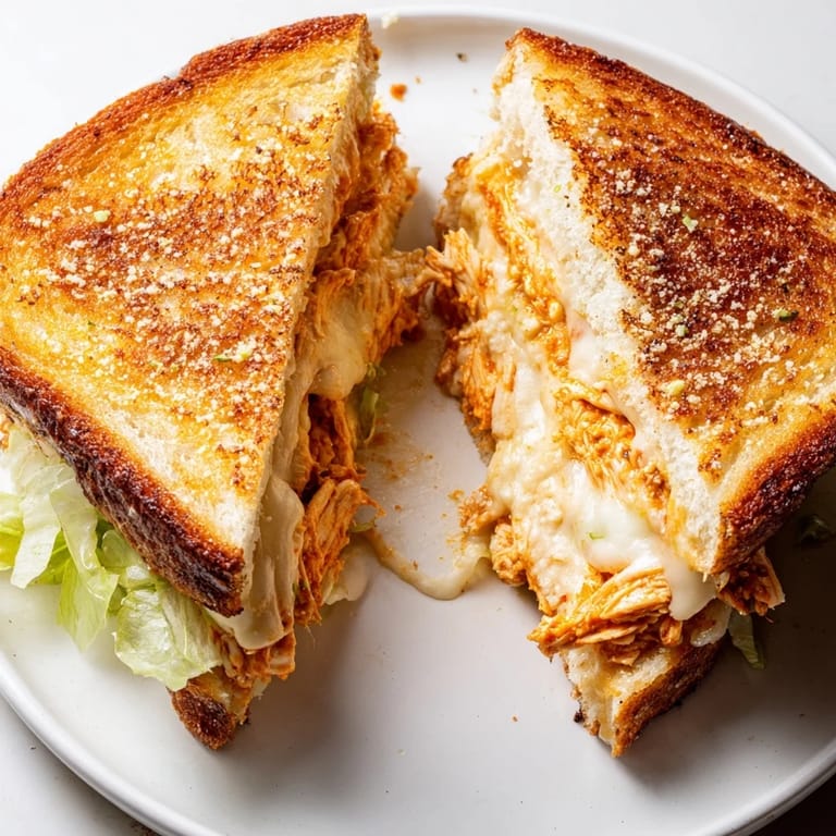Two halves of a Buffalo Chicken Caesar Grilled Cheese sandwich stacked, revealing layers of spicy chicken and fresh romaine lettuce.