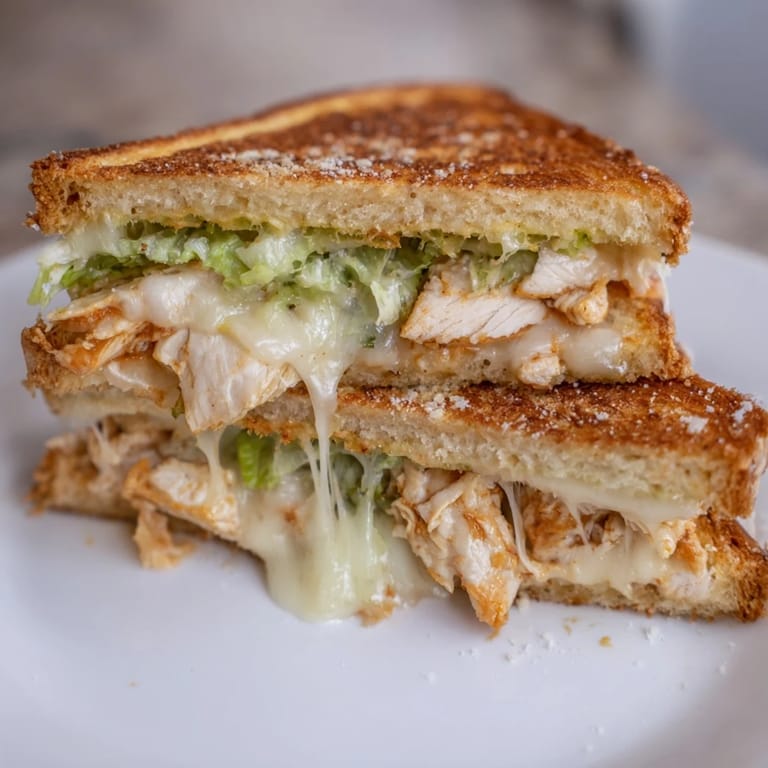 Golden grilled cheese sandwich filled with buffalo chicken and Caesar dressing, served on a wooden board with a side salad.