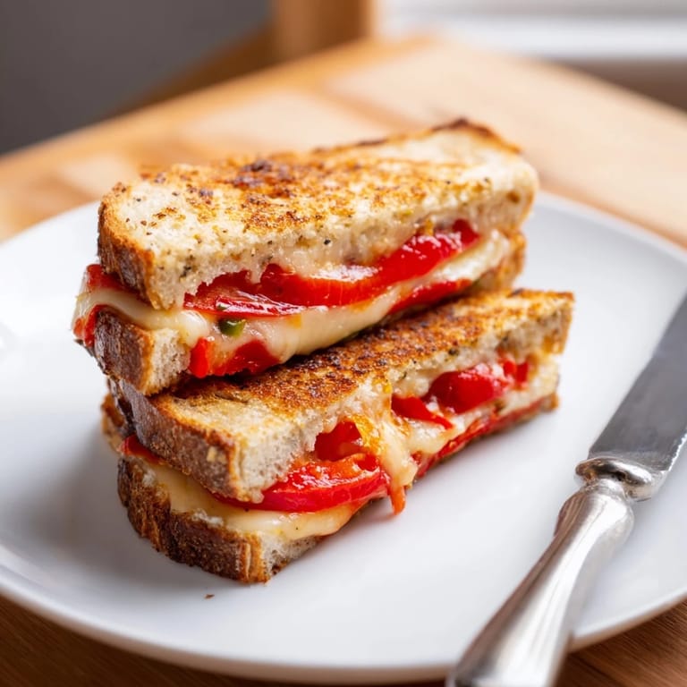 A close-up view of a hot Pepper Jack & Tomato Grilled Cheese, oozing with spicy melted cheese and juicy tomato layers.