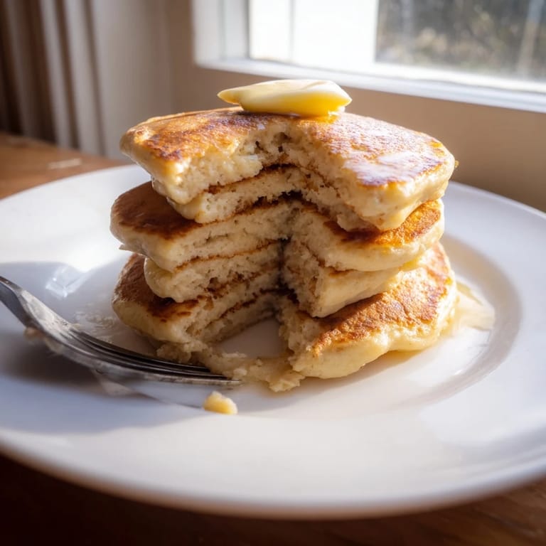 Golden-brown Protein Power Pancakes sizzling on a griddle, ready to flip and fill your morning with warmth.  