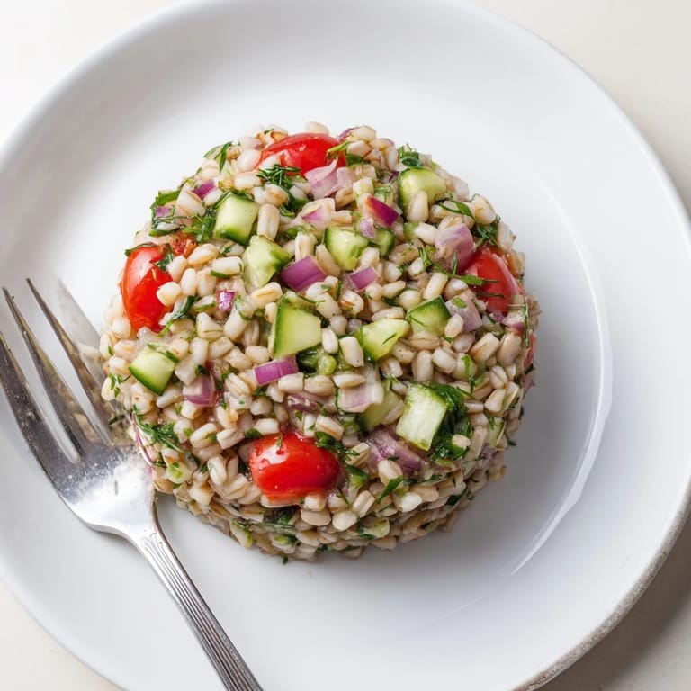 This Mediterranean Barley and Herb Salad shows chilled grains with crisp vegetables and a glistening lemon vinaigrette on a white plate.