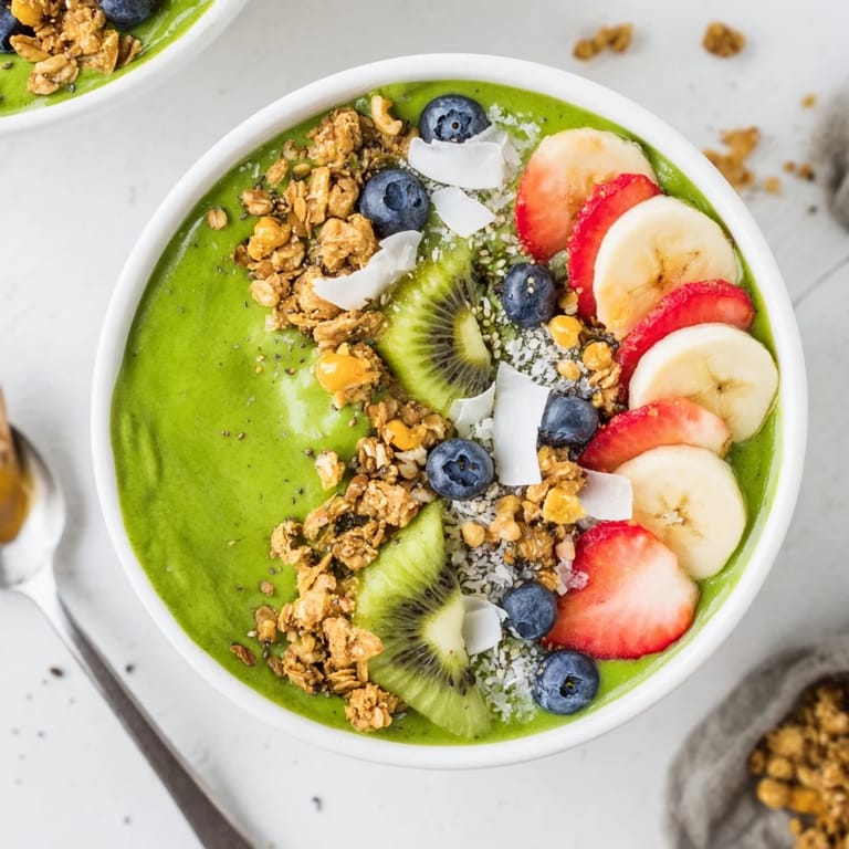 Creamy Green Smoothie Bowl, a healthy, easy start with colorful fruit toppings.