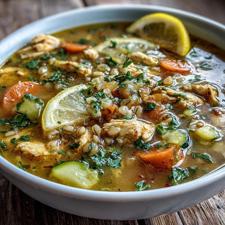 Close-up of Soothing Turmeric Chicken With Pearl Barley, showing tender chicken, carrots, and zucchini in a golden turmeric broth.