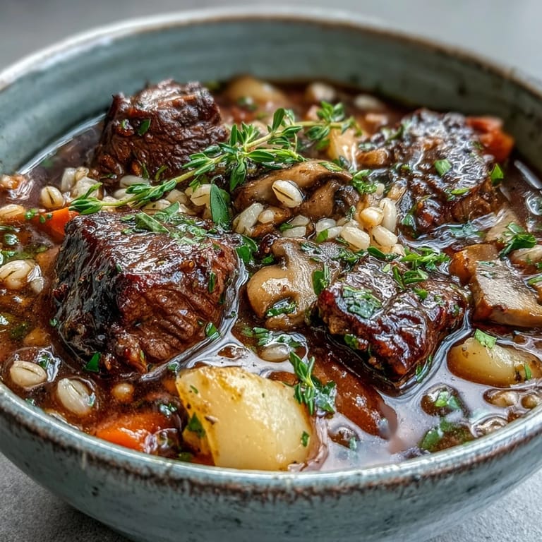 Rustic Dutch oven filled with savory Vegetable Beef, Barley, and Mushroom Soup for dinner.
