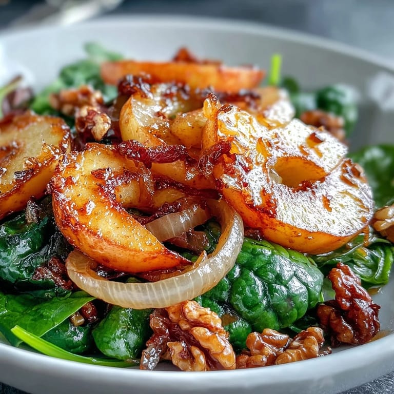 Close-up of bubbling Warm Apple and Sauerkraut Skillet Salad featuring tender greens, toasted pecans, and a glossy glaze.