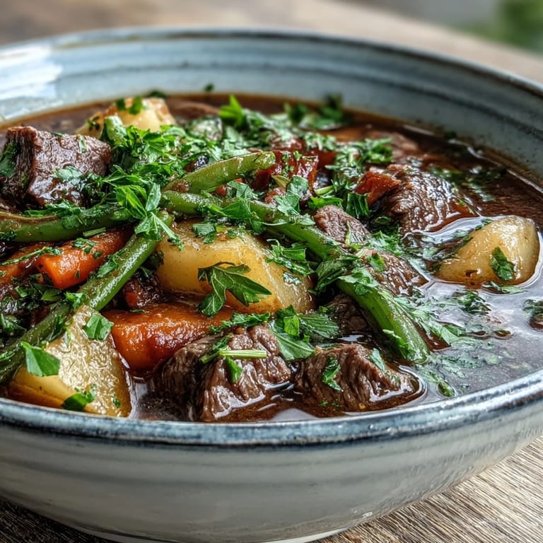 Ladled beef and vegetable soup garnished with parsley, served with crusty bread on the side.