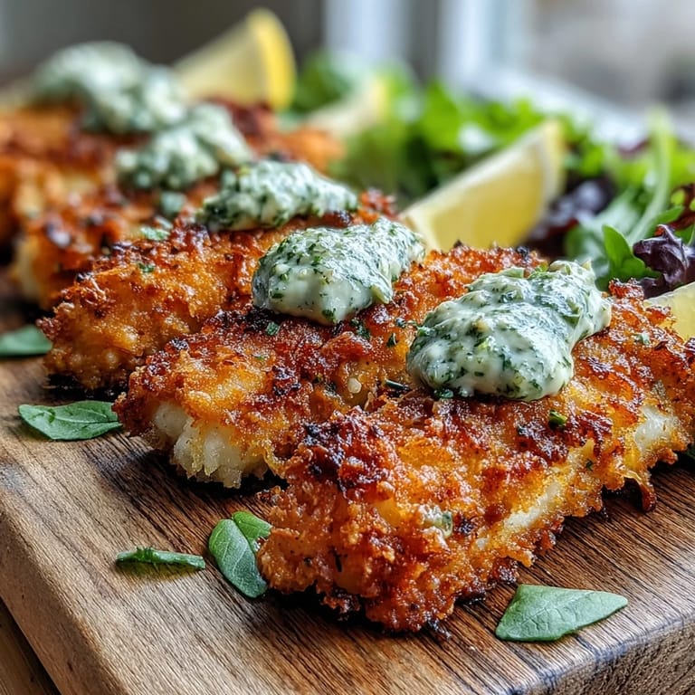 Golden haddock goujons with Parmesan crust beside a bowl of fresh pea pesto for dipping.