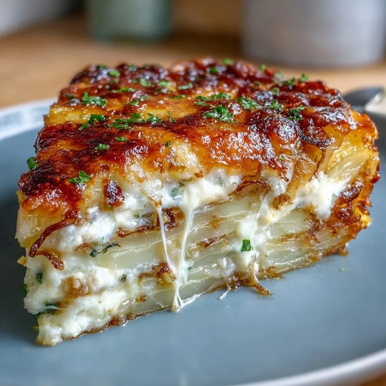 A freshly baked Cheese and Potato Pie reveals golden, bubbling cheese topping over tender potato layers and a savory onion and Gruyère blend.  