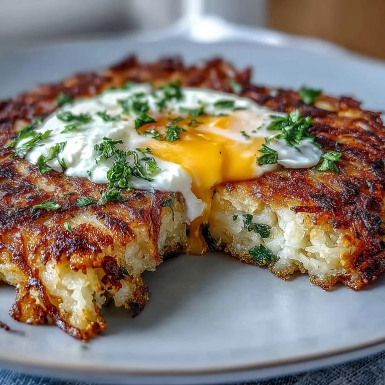 A close-up of crispy, gluten-free celeriac rösti, garnished with fresh parsley and served with harissa yogurt.  