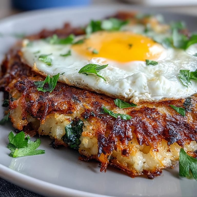A vibrant vegetarian brunch plate featuring golden rösti, creamy harissa yogurt, and a perfectly fried egg.
