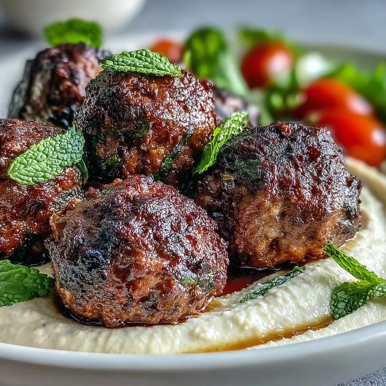 Freshly rolled venison meatballs fry in a skillet, surrounded by diced cucumbers, cherry tomatoes, and lemon wedges.